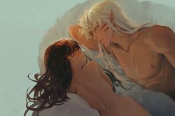 Rule 34 | 1boy, 1girl, age difference, brown hair, collarbone, closed eyes, fur, highres, inuyasha, long hair, looking at another, lying, mmmilk, nipples, nude, pointy ears, rin (inuyasha), sesshoumaru, shoulder blades, silver hair, sleeping, yellow eyes
