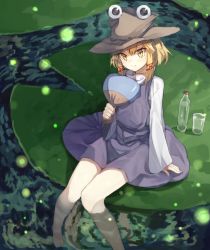 Rule 34 | 1girl, arm support, bad id, bad pixiv id, barefoot, blonde hair, bottle, brown hat, circle skirt, commentary request, cup, drinking glass, feet out of frame, hair ribbon, hand fan, hat, holding, holding fan, light particles, lily pad, long sleeves, looking at viewer, moriya suwako, paper fan, purple skirt, purple vest, red ribbon, ribbon, shirt, short hair, sidelocks, sitting, skirt, smile, soaking feet, solo, suminagashi, thighs, touhou, uchiwa, vest, water, white shirt, wide sleeves, yellow eyes