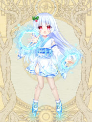 Rule 34 | 1girl, :o, blue footwear, blush, copyright request, detached sleeves, full body, grey hair, hair ornament, highres, holly hair ornament, japanese clothes, kimono, long hair, long sleeves, looking at viewer, obi, open mouth, red eyes, roller skates, sash, shikito (yawa0w0), skates, sleeveless, sleeveless kimono, snowflakes, solo, standing, v-shaped eyebrows, very long hair, white kimono, white sleeves, wide sleeves