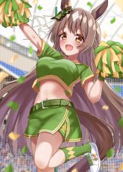 Rule 34 | alternate costume, belt, blurry, blurry background, blush, breasts, brown hair, commentary request, confetti, crouching start, hair ornament, half updo, highres, horse girl, leg up, looking at viewer, medium breasts, midriff, navel, open mouth, pom pom (cheerleading), satono diamond (umamusume), stage, umamusume