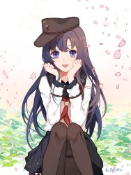 Rule 34 | 1girl, akatsuki (kancolle), akatsuki kai ni (kancolle), anchor symbol, badge, black hair, black pantyhose, black skirt, cherry blossoms, commentary, english commentary, feet out of frame, flat cap, hair between eyes, hat, highres, kantai collection, kocona, long hair, looking at viewer, messy hair, neckerchief, one-hour drawing challenge, open mouth, pantyhose, petals, pleated skirt, purple eyes, red neckerchief, school uniform, serafuku, sitting, skirt, smile, solo, white background