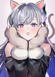 Rule 34 | 1girl, absurdres, animal ears, animal hands, bare shoulders, black sleeves, blue eyes, blush, cat ears, cat paws, cat tail, character request, detached sleeves, fang, feathers, gradient hair, grey hair, highres, irikawa, long sleeves, looking at viewer, multicolored hair, open mouth, purple hair, solo, tail