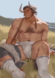 Rule 34 | 1boy, animal ears, arm hair, bara, blush, brown hair, chest hair, unworn clothes, cow boy, cow ears, cow horns, da tan lu (goo), earrings, facial hair, feet out of frame, forked eyebrows, fur-trimmed jacket, fur trim, goatee, goo (koushishikou11), hairy, head tilt, highres, horns, jacket, jewelry, large pectorals, leg hair, loincloth, long sideburns, looking at viewer, male focus, mature male, midriff sarashi, multiple earrings, muscular, muscular male, nipples, no pupils, original, outdoors, pants around one leg, partially undressed, pectorals, sarashi, scar, scar on face, scar on forehead, scar on nose, short hair, sideburns, socks, spread legs, thick eyebrows, topless male, wind, winter clothes