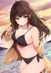 Rule 34 | 1girl, :q, bikini, bikini under clothes, black bikini, blush, breasts, brown eyes, brown hair, brown jacket, cleavage, closed mouth, cloud, collarbone, front-tie bikini top, front-tie top, groin, highres, jacket, long hair, long sleeves, looking at viewer, medium breasts, navel, off shoulder, open clothes, open jacket, original, outdoors, racchi., side-tie bikini bottom, smile, solo, sunset, swimsuit, tongue, tongue out, very long hair, water