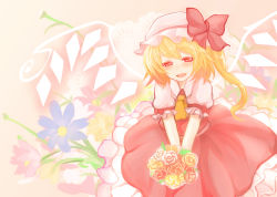 Rule 34 | 1girl, arm garter, ascot, bad id, bad pixiv id, blonde hair, bouquet, bow, erihiro, fang, flandre scarlet, flower, frilled skirt, frills, hat, hat bow, hat ribbon, looking at viewer, mob cap, open mouth, puffy short sleeves, puffy sleeves, red bow, red eyes, red ribbon, red skirt, red vest, ribbon, rose, short sleeves, side ponytail, skirt, smile, solo, touhou, vest, wings
