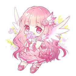 Rule 34 | 1girl, blush, chibi, commission, covered mouth, danby merong, dress, flower, full body, gloves, hair flower, hair ornament, holding, holding flower, long hair, looking at viewer, original, pink dress, pink flower, pink hair, pink ribbon, pink rose, pink wings, pleated dress, purple flower, red eyes, red footwear, ribbon, rose, shoes, solo, very long hair, white flower, white gloves, white wings, wings