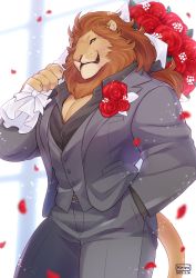 Rule 34 | 1boy, animal ears, baby&#039;s-breath, bara, black shirt, body fur, bouquet, bow, brown fur, brown hair, closed mouth, collared jacket, collared shirt, cowboy shot, falling petals, flower, formal, furry, furry male, grey pants, grey suit, grey vest, groom, hand in pocket, hand up, highres, holding, holding bouquet, jacket, lion boy, lion ears, lion tail, looking at viewer, low ponytail, male focus, mane, muscular, muscular male, orange eyes, original, over shoulder, pants, pectoral cleavage, pectorals, petals, rose, shirt, smile, solo, suit, suit jacket, tail, teru suzu, vest, whiskers, white bow