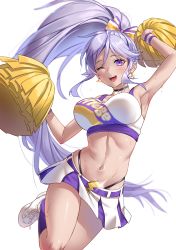 Rule 34 | 1girl, absurdres, armpits, breasts, cheerleader, choker, fire emblem, fire emblem: genealogy of the holy war, fire emblem heroes, heart, highres, ishtar (fire emblem), jewelry, long hair, midriff, navel, nintendo, open mouth, pom pom (cheerleading), purple eyes, purple hair, shoes, simple background, smile, sneakers, solo, sweat, uniform, white background