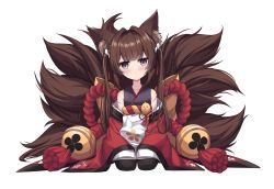 Rule 34 | 1girl, amagi-chan (azur lane), animal ear fluff, animal ears, azur lane, black pantyhose, blunt bangs, brown hair, cameo, collarbone, commentary, detached sleeves, eyeshadow, fox ears, fox girl, fox tail, full body, hair ornament, highres, kitsune, kyuubi, levy (comradlevy), long hair, long sleeves, looking at viewer, makeup, manjuu (azur lane), multiple tails, pantyhose, purple eyes, rope, seiza, shimenawa, sidelocks, sitting, solo, tail, thick eyebrows, twintails, white background, wide sleeves