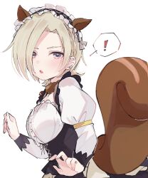Rule 34 | !, 1girl, :o, animal ears, black corset, blonde hair, blush, brown tail, collarbone, commentary request, corset, ear piercing, hair over one eye, highres, long sleeves, looking at viewer, love live!, love live! nijigasaki high school idol club, maid, maid headdress, mia taylor, notyu maru, parted lips, piercing, purple eyes, shirt, short hair, solo, spoken exclamation mark, squirrel ears, squirrel tail, tail, upper body, white background, white shirt