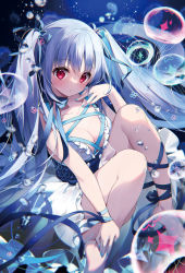 Rule 34 | 1girl, aqua hair, aqua ribbon, bare legs, bare shoulders, barefoot, blue nails, blush, breasts, bubble, full body, hair ribbon, hand on own chest, hand up, hands on feet, highres, kagachi saku, large breasts, long hair, looking at viewer, nail polish, pink eyes, ribbon, solo, thighs, twintails, underwater, very long hair, wrist ribbon