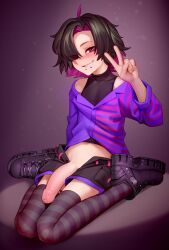Rule 34 | 1boy, absurdres, black hair, boots, colored inner hair, commission, foreskin, hair over one eye, highres, kairunoburogu, looking at viewer, male focus, multicolored hair, penis, pink hair, solo, thighhighs, trap, uncensored, v
