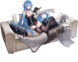 Rule 34 | 1girl, artist request, azur lane, bare shoulders, bear, black thighhighs, blue eyes, blue hair, blush, book, breasts, cleavage, closed eyes, couch, feet, garter straps, hair between eyes, highres, holding, holding book, indoors, large breasts, long hair, manjuu (azur lane), nail polish, official alternate costume, official art, on couch, open book, pillow, sidelocks, sitting, sleepwear, smile, sovetskaya belorussiya (azur lane), sovetskaya belorussiya (relaxation stratagem) (azur lane), thighhighs, toy, transparent background, very long hair