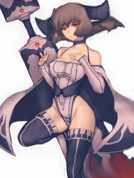Rule 34 | 1girl, bare shoulders, breasts, brown hair, covered erect nipples, fumio (rsqkr), groin, horns, huge weapon, red eyes, short hair, simple background, solo, sword, thighhighs, weapon
