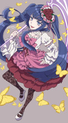 1girl artist_name blouse blue_eyes blue_hair bow bug butterfly choker collarbone colored_eyelashes cross-laced_clothes cross-laced_skirt floating_hair floral_print flower frilled_skirt frills from_above furudo_erika hair_flower hair_ornament hand_on_own_hip hat high-waist_skirt highres holding holding_scythe holding_weapon insect layered_skirt lolita_fashion long_hair long_sleeves mary_janes norarikurari333 open_mouth pantyhose pink_bow pink_ribbon pink_skirt puffy_long_sleeves puffy_sleeves ribbon rose rose_print scythe shirt shoes sidelocks simple_background skirt smile solo twintails twitter_username umineko_no_naku_koro_ni weapon white_choker white_footwear white_ribbon white_shirt yellow_butterfly