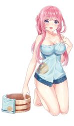Rule 34 | 1girl, barefoot, blue eyes, breasts, bucket, character request, cleavage, full body, highres, kneeling, large breasts, long hair, looking at viewer, nakatsu castle, naked towel, official art, open mouth, pink hair, shirohime quest, sidelocks, solo, towel, transparent background