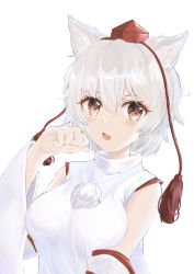 Rule 34 | 1girl, :d, animal ear fluff, animal ears, blush, breasts, detached sleeves, eyebrows hidden by hair, fang, hair between eyes, hat, highres, inubashiri momiji, medium breasts, medium hair, open mouth, paw pose, pom pom (clothes), red eyes, red hat, shirt, simple background, skin fang, sleeveless, sleeveless shirt, smile, tokin hat, touhou, upper body, white background, white hair, white shirt, wide sleeves, wolf ears, yutagami