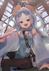 Rule 34 | 1girl, absurdres, animal ears, blue archive, bow, chinese clothes, detached sleeves, ear tag, forehead, grey hair, hair bow, hanfu, highres, holster, id card, long hair, long sleeves, mouse (animal), mouse ears, mouse girl, open mouth, pantyhose, parted bangs, pinky ring, red eyes, sakuma yoshiharu, saya (blue archive), short eyebrows, shorts, side slit, side slit shorts, single leg pantyhose, smile, solo, thigh holster, twintails, two side up, wide sleeves, wrist wrap