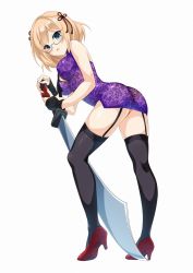 Rule 34 | 1girl, aqua eyes, azalea egner, black thighhighs, blonde hair, china dress, chinese clothes, cle masahiro, dress, full body, garter straps, glasses, hair ornament, high heels, highres, holding, holding sword, holding weapon, jian (weapon), official art, pumps, semi-rimless eyewear, short hair, side slit, simple background, solo, sword, thighhighs, valkyrie drive, valkyrie drive -siren-, weapon, white background
