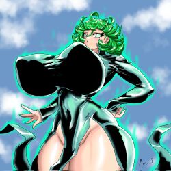 Rule 34 | 1girl, alternate breast size, blush, breasts, collared dress, covered erect nipples, curvy, dress, female focus, green eyes, green hair, hand on own hip, highres, huge breasts, looking at viewer, marco cordoba, matching hair/eyes, no panties, one-punch man, short hair, solo, tatsumaki, thick thighs, thighs, wide hips