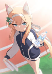 Rule 34 | 1girl, animal ear fluff, animal ears, black jacket, blonde hair, blue archive, blue eyes, blue shorts, bottle, closed mouth, commentary request, day, feet out of frame, flower, hair between eyes, hair flower, hair ornament, headband, heijialan, highres, holding, holding bottle, holding towel, jacket, long hair, low ponytail, mari (blue archive), mari (track) (blue archive), outdoors, ponytail, short shorts, shorts, smile, socks, solo, standing, towel, track jacket, very long hair, water bottle, white flower, white headband, white socks