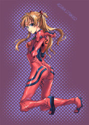 Rule 34 | arched back, ass, bad id, bad pixiv id, blue background, blue eyes, blush, brown hair, character name, english text, from side, full body, halftone, hand on own thigh, highres, kneeling, kneepits, kno1, legs apart, long hair, looking back, neon genesis evangelion, plugsuit, skin tight, solo, souryuu asuka langley, two side up