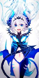 Rule 34 | 1girl, :d, black gloves, blue eyes, blue pants, demon tail, elbow gloves, elsword, fang, floating hair, gloves, hair between eyes, horns, index finger raised, long hair, looking at viewer, luciela r. sourcream, midriff, misusugi, navel, open mouth, pants, silver hair, slit pupils, smile, solo, standing, stomach, tail, very long hair