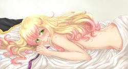 Rule 34 | 1girl, arc system works, bed, bed sheet, blanket, blazblue, blonde hair, blush, breast press, breasts, cape, dimples of venus, female focus, glasses, gradient hair, green eyes, highres, large breasts, long hair, looking at viewer, lying, multicolored hair, necktie, nude, on stomach, pink hair, sheet grab, smile, solo, toscabear, trinity glassfield