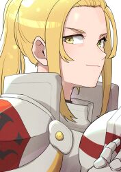 Rule 34 | 1girl, armor, blonde hair, closed mouth, fcgc (friedalwaysgood), fire emblem, fire emblem engage, high ponytail, highres, jade (fire emblem), looking at viewer, nintendo, sidelocks, smile, solo, upper body, white background