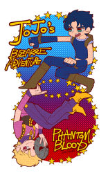 Rule 34 | 2boys, backpack, bag, blonde hair, blue hair, boots, brown footwear, clenched hands, copyright name, dated, dio brando, fingerless gloves, gloves, gradient background, green eyes, jojo no kimyou na bouken, jonathan joestar, male focus, multiple boys, nishiyama (whatsoy), open mouth, pointy footwear, polka dot, polka dot background, red eyes, round teeth, shoes, stone mask (jojo), tank top, teeth