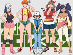 Rule 34 | 1boy, 4girls, adapted costume, age difference, aged up, ash ketchum, asymmetrical hair, bandana, bare legs, baseball cap, beanie, bike shorts, black hair, blue eyes, blue hair, blush, boots, breasts, brown hair, cleavage, cowboy shot, creatures (company), curvy, dawn (pokemon), denim, denim shorts, game freak, glamour works, gloves, green eyes, green hair, gym leader, hair ornament, hat, height difference, hetero, highres, iris (pokemon), large breasts, legs, legs together, lento, lento (glamour works), long hair, looking at viewer, may (pokemon), miniskirt, misty (pokemon), multiple girls, navel, nintendo, nipples, onee-shota, open mouth, orange hair, pants, pink footwear, pokemon, pokemon (anime), pokemon (classic anime), pokemon bw, pokemon dppt (anime), pokemon rse (anime), ponytail, red hair, red scarf, scarf, shirt, shoes, short hair, short shorts, shorts, side ponytail, simple background, size difference, skirt, sleeveless, smile, sneakers, socks, standing, suspenders, tank top, thick thighs, thighs, underboob, underwear, unzipped, wide hips, yellow shirt, yellow tank top