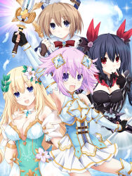 Rule 34 | 4girls, arms up, bare shoulders, black hair, black knight noire, blanc (neptunia), blonde hair, blue background, blue eyes, blush, breasts, brown hair, cleavage, closed mouth, cloud, cloudy sky, day, detached sleeves, dress, fantasy, female focus, fingerless gloves, four goddesses online: cyber dimension neptune, garter straps, gauntlets, gloves, hair ornament, hat, highres, holding, holding weapon, jewelry, jumping, kagura ittou, lance, large breasts, lingerie, long hair, long sleeves, looking at viewer, multiple girls, neptune (neptunia), neptune (series), noire (neptunia), one eye closed, open mouth, pink hair, pleated skirt, polearm, purple eyes, purple hair, red eyes, ribbon, sandals, short hair, simple background, skirt, sky, smile, spear, staff, standing, sword, thighhighs, twintails, underwear, vert (neptunia), very long hair, weapon