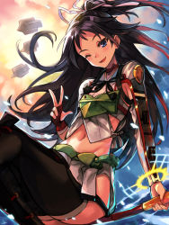 Rule 34 | 10s, 1girl, armor, bad id, bad pixiv id, black hair, blue eyes, bow (weapon), gloves, highres, kantai collection, katsuragi (kancolle), long hair, one eye closed, ponytail, redcomet, remodel (kantai collection), smile, solo, v, weapon