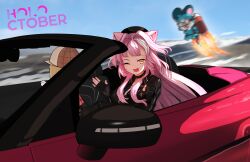 absurdres advarcher animal_ear_fluff animal_ears breasts car chattino_(raora_panthera) fingerless_gloves gloves highres hololive hololive_english jetpack long_hair motor_vehicle multicolored_hair one_eye_closed panther_ears panther_girl pink_hair raora_panthera smile streaked_hair virtual_youtuber watson_amelia white_hair yellow_eyes