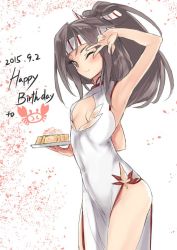 Rule 34 | 10s, 1girl, ;), breasts, brown hair, china dress, chinese clothes, cleavage cutout, clothing cutout, dress, food, kantai collection, omelet, one eye closed, ponytail, sensen, simple background, small breasts, smile, solo, tamagoyaki, v, zuihou (kancolle)