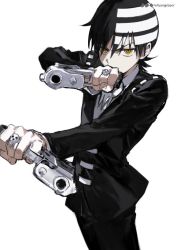 Rule 34 | 1boy, black hair, death the kid, dual wielding, formal, gangsta hold, gun, handgun, holding, holding gun, holding weapon, hou (ppo), jewelry, long sleeves, male focus, ring, shaded face, simple background, solo, soul eater, suit, watermark, weapon, web address, white background, white hair, yellow eyes