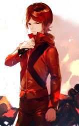 Rule 34 | 1boy, absurdres, closed mouth, cowboy shot, highres, jacket, long sleeves, looking at viewer, lor (roasyerizyonirapi), male focus, pants, parted bangs, persona, persona 2, persona 2 batsu, red eyes, red hair, red jacket, red pants, short hair, solo, standing, suou tatsuya, suou tatsuya (persona 2 batsu), zipper
