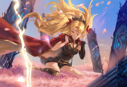Rule 34 | 1girl, absurdres, asymmetrical legwear, asymmetrical sleeves, black leotard, black nails, black thighhighs, blonde hair, cape, chiaspicy, closed mouth, commentary request, earrings, ereshkigal (fate), fate/grand order, fate (series), floating hair, gold trim, hair ribbon, half-closed eyes, highres, jewelry, leotard, mixed-language commentary, parted bangs, petals, red cape, red ribbon, ribbon, seiza, single sleeve, single thighhigh, sitting, solo, spine, thighhighs, tiara, two-tone cape, two side up, yellow cape