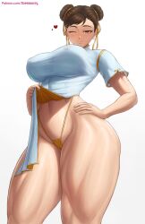 Rule 34 | 1girl, breasts, brown hair, capcom, chun-li, clothes lift, covered erect nipples, hand on own hip, heart, highleg, highleg panties, highres, large breasts, lifted by self, navel, one eye closed, panties, pelvic curtain, pelvic curtain lift, smile, solo, street fighter, street fighter 6, superbusty, thick thighs, thighs, toned, underwear, wink