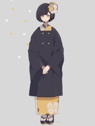 Rule 34 | 1girl, black hair, clothing request, coat, expressionless, flower, full body, grey background, hair flower, hair ornament, highres, japanese clothes, jitome, kanzashi, kimono, maco22, original, short hair, solo, tabi, wide sleeves, yellow eyes