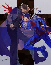 Rule 34 | 2boys, armor, black footwear, black pants, black shirt, blood, blood from mouth, blood on clothes, blood on face, bloody weapon, blue bodysuit, bodysuit, brown hair, clenched teeth, cross, cross necklace, cu chulainn (fate), cu chulainn (fate/stay night), death, duel, fate/stay night, fate (series), gae bolg (fate), hal (haaaalhal), highres, impaled, injury, jewelry, kotomine kirei, male focus, multiple boys, necklace, pants, polearm, shirt, short hair, shoulder armor, signature, spear, steel-toe boots, teeth, weapon