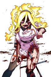 Rule 34 | 1girl, belt, black thighhighs, blonde hair, blood, blood on face, blood on hands, blood on leg, boku no hero academia, breasts, burnin (boku no hero academia), crazy eyes, dress, fangs, fiery hair, hair between eyes, hairband, impaled, injury, kingbawoon, knees up, korean commentary, large breasts, long hair, looking at viewer, mast, open mouth, simple background, solo, standing, teeth, thighhighs, thighs, torn clothes, torn dress, torn sleeves, torn thighhighs, v-shaped eyebrows, white background, white dress