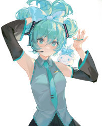 Rule 34 | 1girl, :3, absurdres, aqua eyes, aqua hair, aqua necktie, bare shoulders, black skirt, black sleeves, blush, bow, cinnamiku, cinnamoroll, closed mouth, collared shirt, commentary, cowboy shot, creature, creature on shoulder, detached sleeves, ergouzi echo, frilled shirt, frills, grey shirt, hair between eyes, hair bow, hair ornament, hair tie, hand on own head, hatsune miku, headset, highres, looking at viewer, necktie, on shoulder, sanrio, shirt, skirt, smile, solo, tie clip, tied ears, tying hair, updo, vocaloid, white background, white bow, wing collar