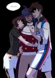 Rule 34 | ..., 1girl, 2boys, aged up, ahoge, arm around waist, beige pants, bob cut, brown hair, buttons, champion uniform, collared shirt, commentary, creatures (company), dynamax band, eye contact, facial hair, game freak, gloria (pokemon), highres, hug, leggings, leon (pokemon), long hair, looking at another, middle finger, multiple boys, nintendo, open mouth, parted lips, pokemon, pokemon swsh, purple hair, redlhzz, shaded face, shirt, short hair, short sleeves, shorts, side slit, side slit shorts, sleeves past elbows, spoken ellipsis, teeth, victor (pokemon), white shorts, yellow eyes