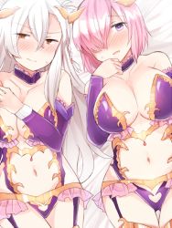Rule 34 | 2girls, alternate costume, bare shoulders, blush, braid, breasts, cleavage, clothing cutout, collar, collarbone, cosplay, demon girl, demon horns, detached sleeves, embarrassed, fate/grand order, fate (series), hair between eyes, hair over one eye, half-closed eyes, horns, irisviel von einzbern, irisviel von einzbern (cosplay), irisviel von einzbern (halloween princess), jirou (tamaho39), large breasts, long hair, looking at another, looking at viewer, lying, mash kyrielight, matching outfits, multiple girls, navel, navel cutout, olga marie animusphere, on back, open mouth, pink hair, purple eyes, revealing clothes, revision, short hair, silver hair, stomach, thighhighs