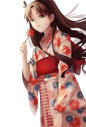 Rule 34 | 1girl, aqua eyes, brown hair, candy, candy apple, fate/stay night, fate (series), food, japanese clothes, lollipop, long hair, open mouth, simple background, solo, soramimi (sea7sky7), tohsaka rin, white background