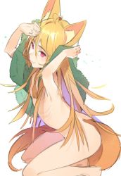 Rule 34 | 1girl, ahoge, animal ears, bad id, bad twitter id, barefoot, blonde hair, commentary request, flat chest, fox ears, fox girl, fox tail, from side, hair censor, hands up, kneeling, koyoi mitsuki, long hair, looking at viewer, looking to the side, nude, original, parted lips, pink eyes, simple background, sketch, smile, solo, tail, white background