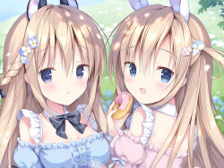 Rule 34 | 2girls, :d, :o, animal ear fluff, animal ears, black bow, blue dress, blue eyes, blue flower, blue sleeves, blush, bow, braid, breasts, brown hair, commentary request, day, detached sleeves, doughnut, dress, flower, food, grass, hair between eyes, hair flower, hair ornament, hand up, holding, holding food, izuminanase, long hair, medium breasts, multiple girls, official art, one side up, open mouth, original, outdoors, parted lips, pink dress, pink flower, pink sleeves, puffy short sleeves, puffy sleeves, rabbit ears, short sleeves, smile