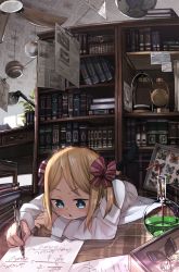 Rule 34 | 1girl, bad id, bad pixiv id, blonde hair, blue eyes, book, bug, butterfly, earth (planet), flask, highres, insect, namamizu000, original, paper, pen, planet, scientist, short hair, solo, writing