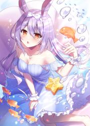 Rule 34 | 1girl, air bubble, animal, animal ears, bare shoulders, barefoot, blue dress, bow, breasts, brown eyes, bubble, clam, cleavage, day, dress, feet out of frame, fish, frilled dress, frills, hair between eyes, hair bow, hairband, hand up, himesaki yuzuru, long hair, medium breasts, noripro, outdoors, parted lips, purple hair, rabbit ears, solo, star (symbol), strapless, strapless dress, sumisaki yuzuna, underwater, very long hair, virtual youtuber, water, white bow, white hairband, wrist cuffs
